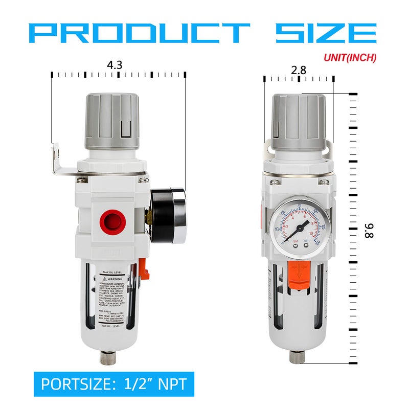 NANPU 1" NPT Compressed Air Filter Regulator Combo Piggyback, 5 Micron Brass Element, Poly Bowl, Semi-Auto Drain, Metal Bracket, 0-150 psi Gauge - Image 3